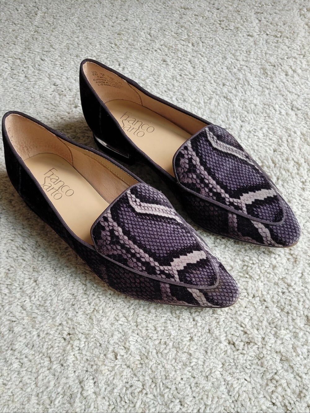 Franco Sarto Velvet Snake print Flats Gray With Silver